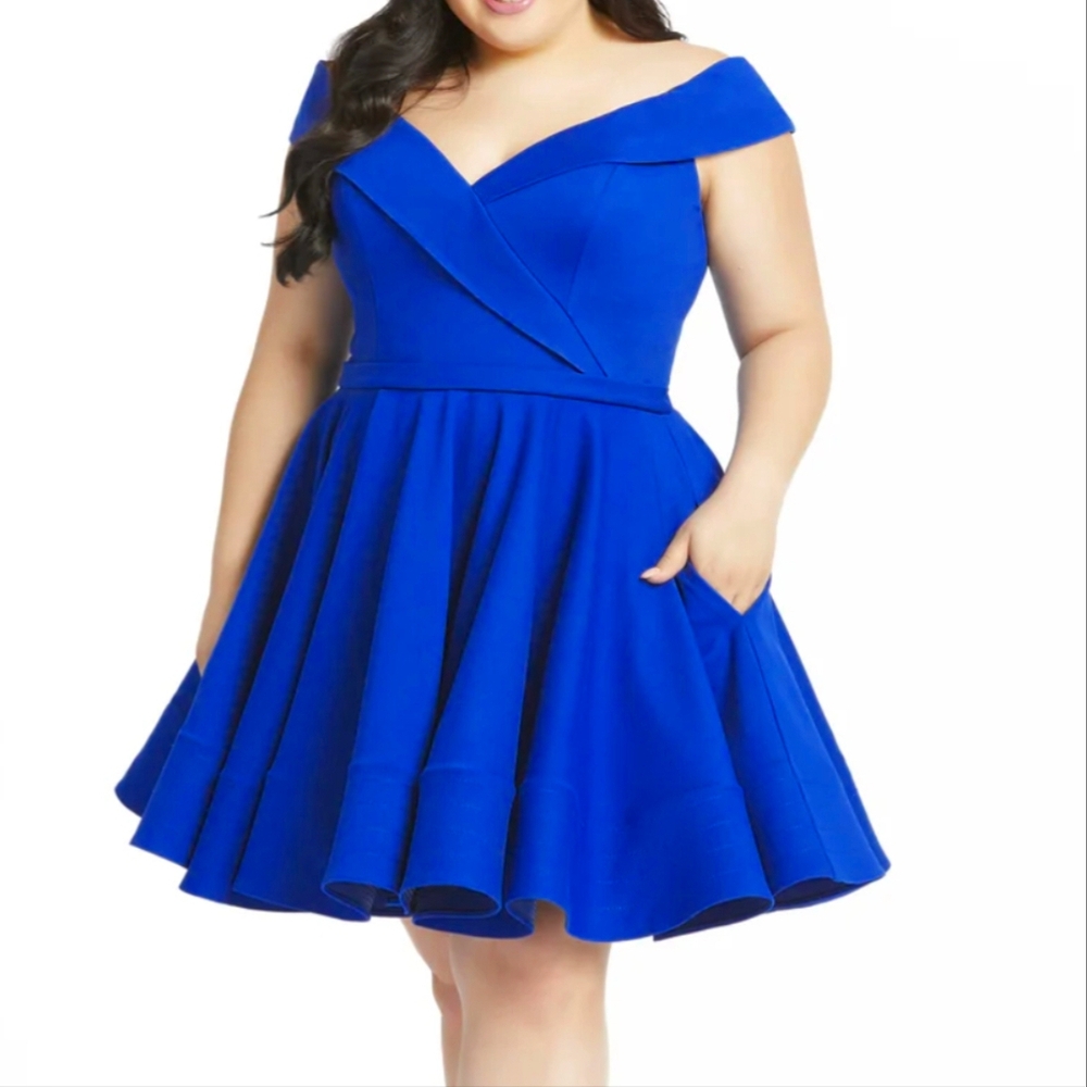 NWT Mac Duggal 48887 Off Shoulder Fit & Flare Dress Blue Sz 14 Mini Dress $398 - Picture 3 of 7